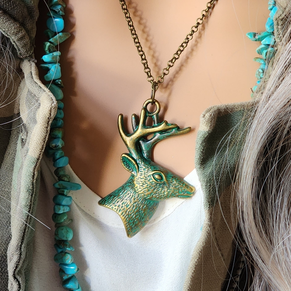 Free People Jewelry Boho Necklace "Antique" Gold Green Patina Deer Antlers